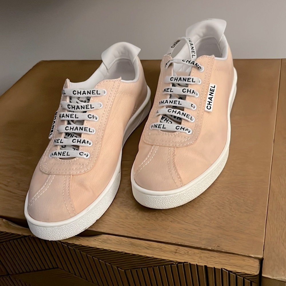 COPY - Chanel Blush Pink Canvas Trainers with Logo Laces 38